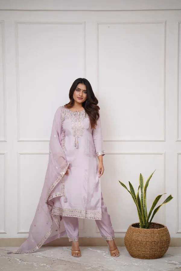 Lavender_Chanderi_Viscose_Embroidered_A-Line_Kurta_With_Dupatta_And_Pant_Set_For_Women