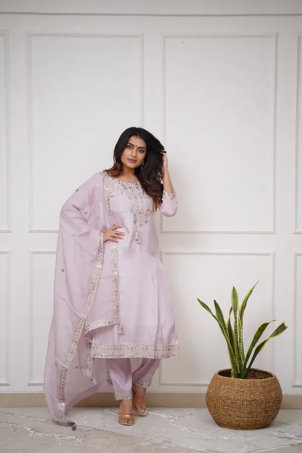 Lavender_Chanderi_Viscose_Embroidered_A-Line_Kurta_With_Dupatta_And_Pant_Set_For_Women