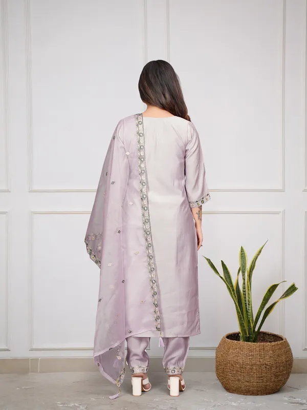 Lavender_Chanderi_Viscose_Embroidered_A-Line_Kurta_With_Dupatta_And_Pant_Set_For_Women