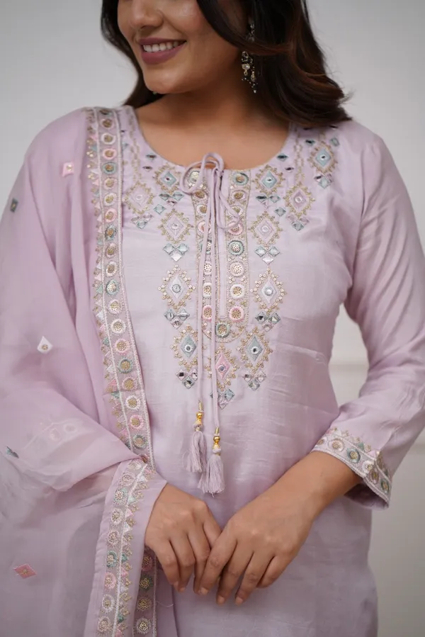 Lavender_Chanderi_Viscose_Embroidered_A-Line_Kurta_With_Dupatta_And_Pant_Set_For_Women