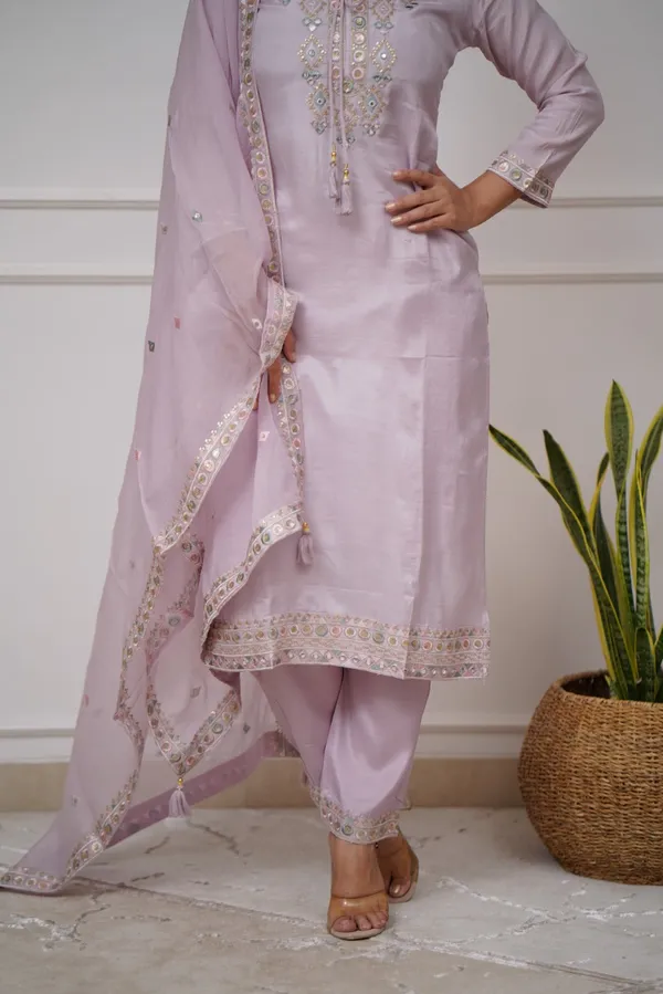 Lavender_Chanderi_Viscose_Embroidered_A-Line_Kurta_With_Dupatta_And_Pant_Set_For_Women
