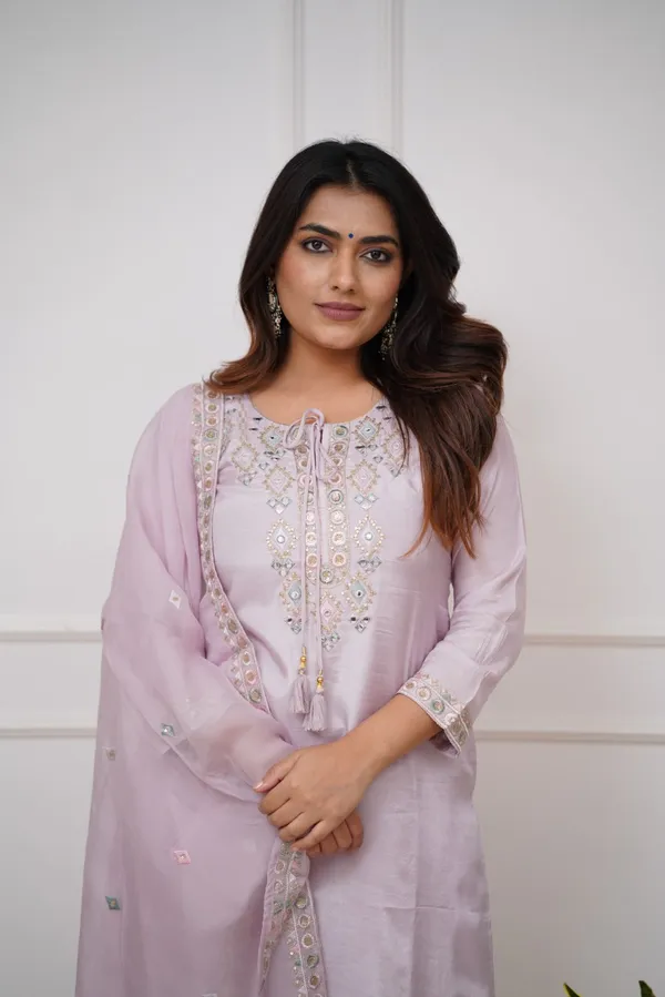 Lavender_Chanderi_Viscose_Embroidered_A-Line_Kurta_With_Dupatta_And_Pant_Set_For_Women