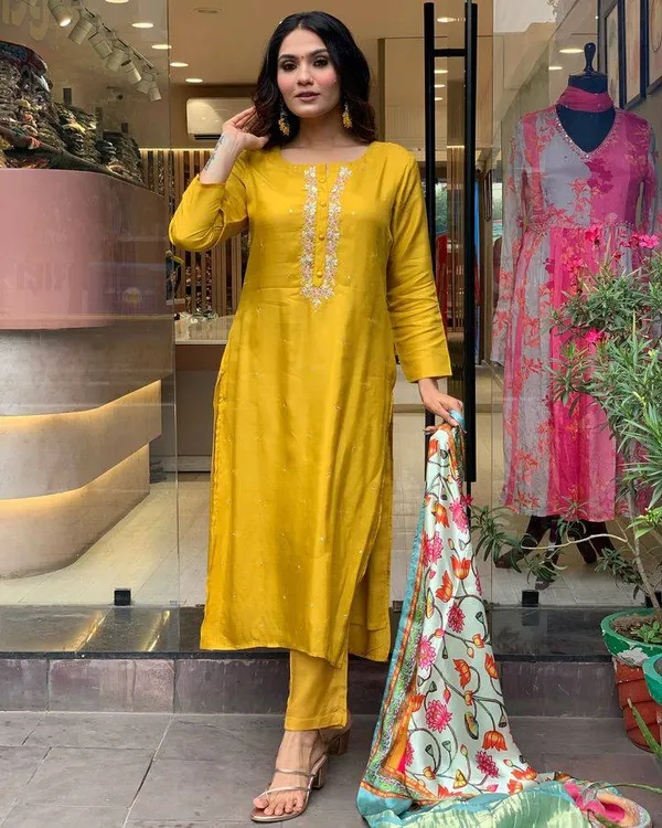 Yellow_Chanderi_Viscose_Embroidered_A-Line_Kurta_With_Dupatta_And_Pant_Set_For_Women