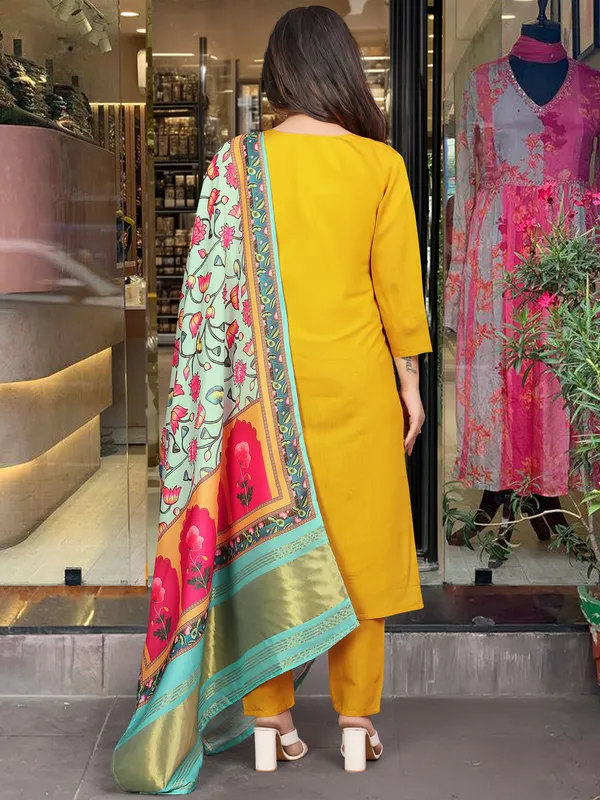 Yellow_Chanderi_Viscose_Embroidered_A-Line_Kurta_With_Dupatta_And_Pant_Set_For_Women