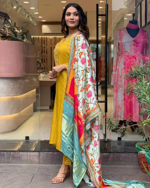Yellow_Chanderi_Viscose_Embroidered_A-Line_Kurta_With_Dupatta_And_Pant_Set_For_Women