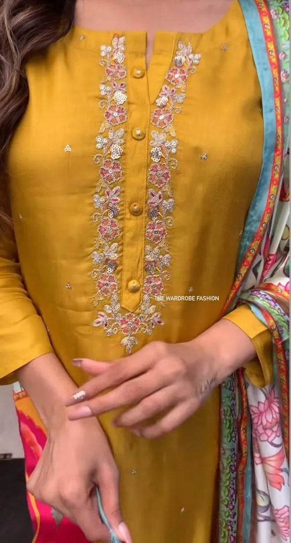 Yellow_Chanderi_Viscose_Embroidered_A-Line_Kurta_With_Dupatta_And_Pant_Set_For_Women