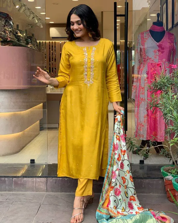 Yellow_Chanderi_Viscose_Embroidered_A-Line_Kurta_With_Dupatta_And_Pant_Set_For_Women