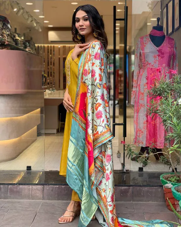 Yellow_Chanderi_Viscose_Embroidered_A-Line_Kurta_With_Dupatta_And_Pant_Set_For_Women