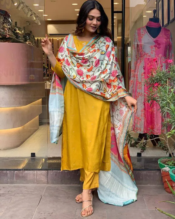 Yellow_Chanderi_Viscose_Embroidered_A-Line_Kurta_With_Dupatta_And_Pant_Set_For_Women
