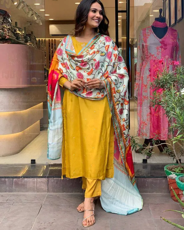 Yellow_Chanderi_Viscose_Embroidered_A-Line_Kurta_With_Dupatta_And_Pant_Set_For_Women
