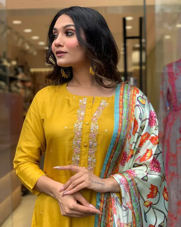 Yellow_Chanderi_Viscose_Embroidered_A-Line_Kurta_With_Dupatta_And_Pant_Set_For_Women