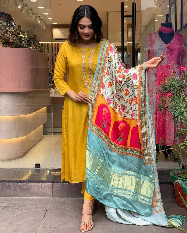 Yellow_Chanderi_Viscose_Embroidered_A-Line_Kurta_With_Dupatta_And_Pant_Set_For_Women