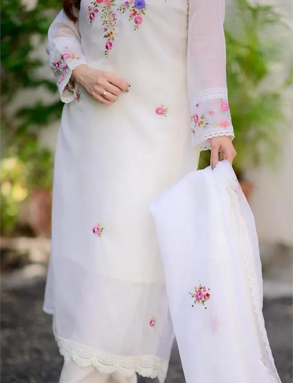 White_Georgette_Embroidered_A-Line_Kurta_With_Dupatta_And_Pant_Set_For_Women