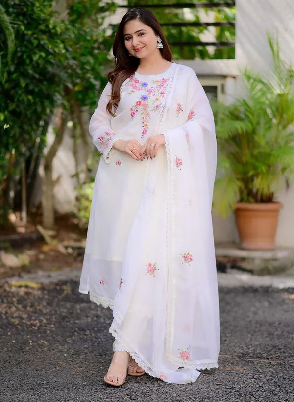 White_Georgette_Embroidered_A-Line_Kurta_With_Dupatta_And_Pant_Set_For_Women