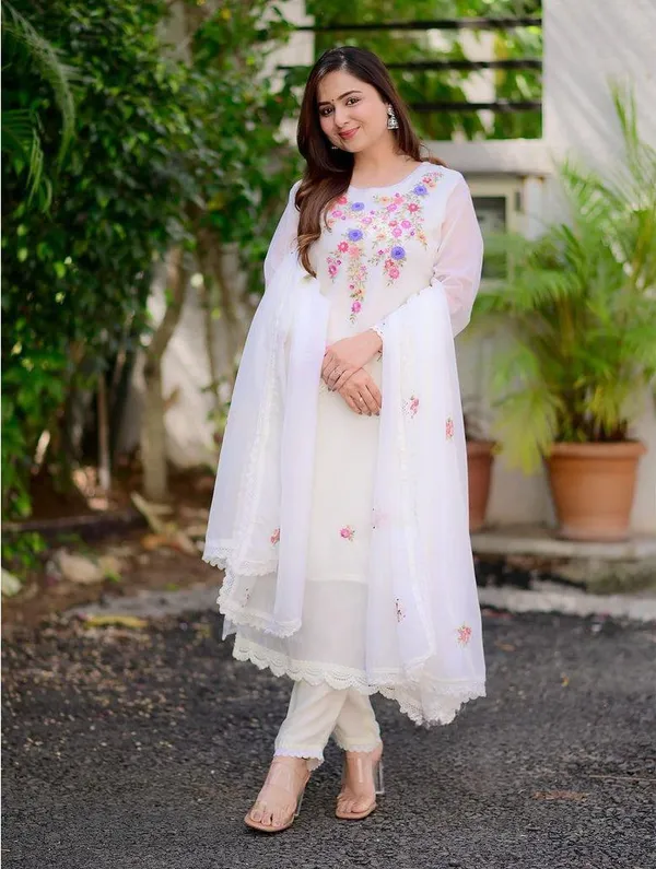 White_Georgette_Embroidered_A-Line_Kurta_With_Dupatta_And_Pant_Set_For_Women