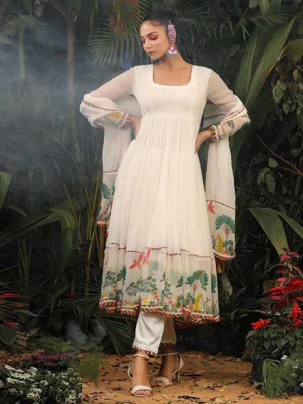 White_Georgette_Embroidered_A-Line_Kurta_With_Dupatta_And_Pant_Set_For_Women