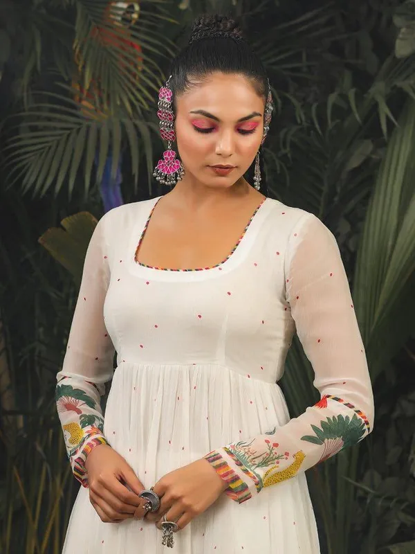 White_Georgette_Embroidered_A-Line_Kurta_With_Dupatta_And_Pant_Set_For_Women