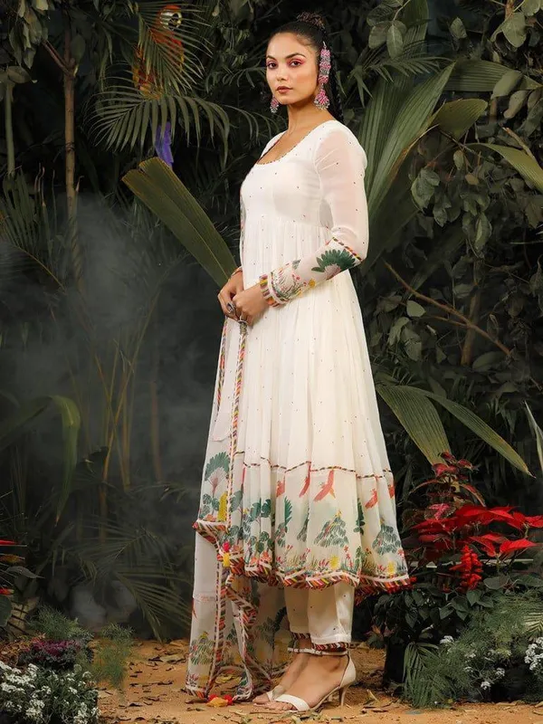 White_Georgette_Embroidered_A-Line_Kurta_With_Dupatta_And_Pant_Set_For_Women
