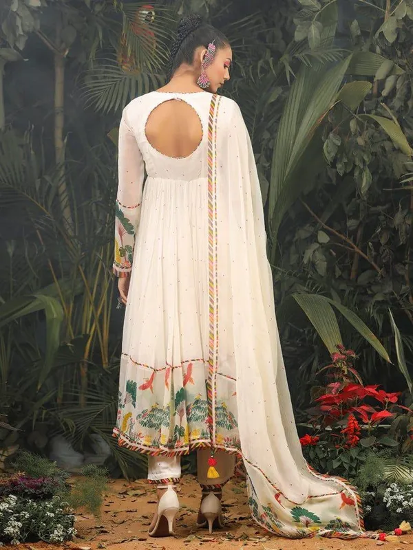 White_Georgette_Embroidered_A-Line_Kurta_With_Dupatta_And_Pant_Set_For_Women