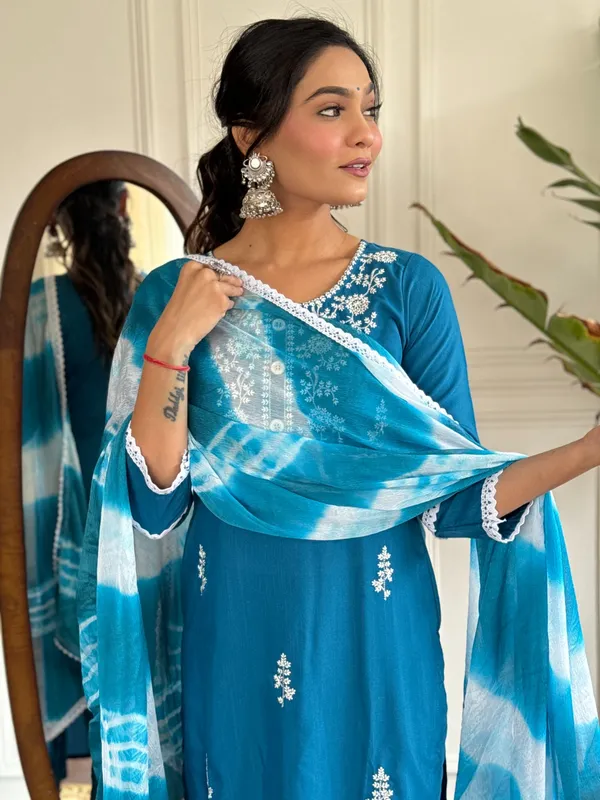 Blue_Rayon_Slub_Embroidered_A-Line_Kurta_With_Dupatta_And_Pant_Set_For_Women