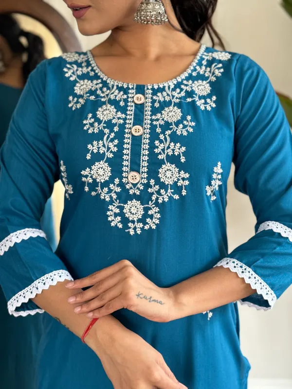 Blue_Rayon_Slub_Embroidered_A-Line_Kurta_With_Dupatta_And_Pant_Set_For_Women