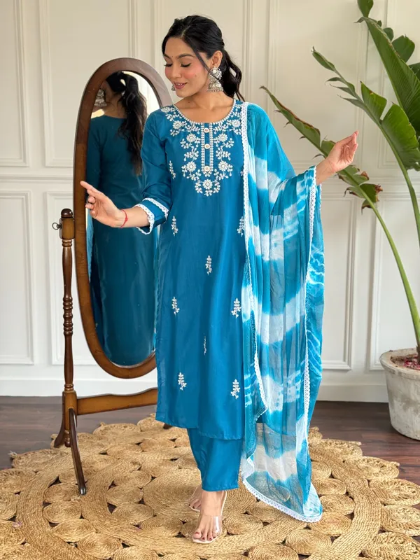 Blue_Rayon_Slub_Embroidered_A-Line_Kurta_With_Dupatta_And_Pant_Set_For_Women