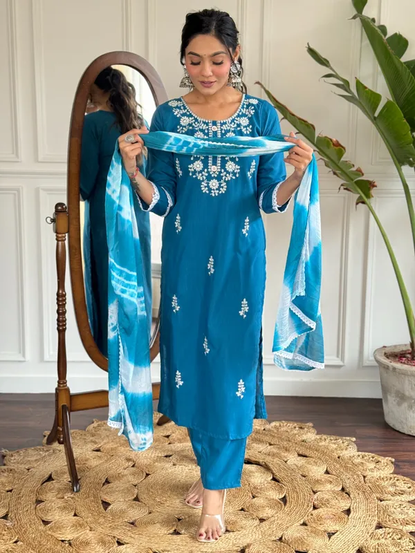 Blue_Rayon_Slub_Embroidered_A-Line_Kurta_With_Dupatta_And_Pant_Set_For_Women