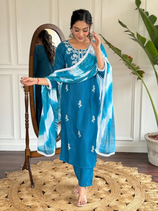 Blue_Rayon_Slub_Embroidered_A-Line_Kurta_With_Dupatta_And_Pant_Set_For_Women