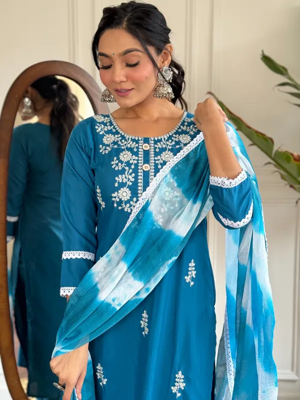 Blue_Rayon_Slub_Embroidered_A-Line_Kurta_With_Dupatta_And_Pant_Set_For_Women