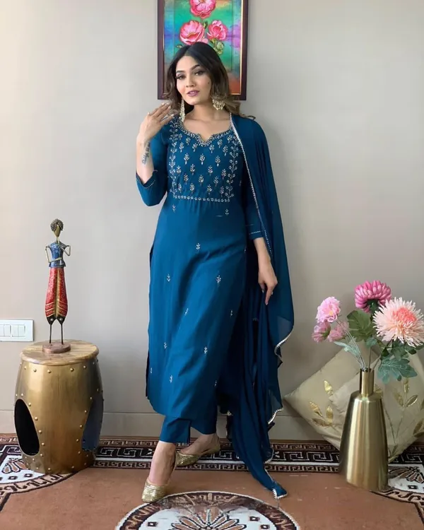 Blue_Rayon_Slub_Embroidered_A-Line_Kurta_With_Dupatta_And_Pant_Set_For_Women