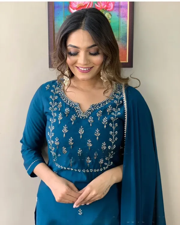 Blue_Rayon_Slub_Embroidered_A-Line_Kurta_With_Dupatta_And_Pant_Set_For_Women