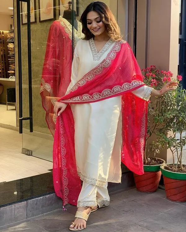 White_Chanderi_Viscose_Embroidered_A-Line_Kurta_With_Dupatta_And_Pant_Set_For_Women