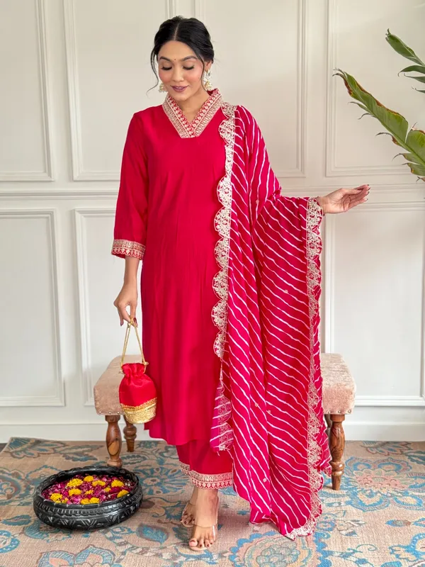 Red_Chanderi_Viscose_Embroidered_A-Line_Kurta_With_Dupatta_And_Pant_Set_For_Women