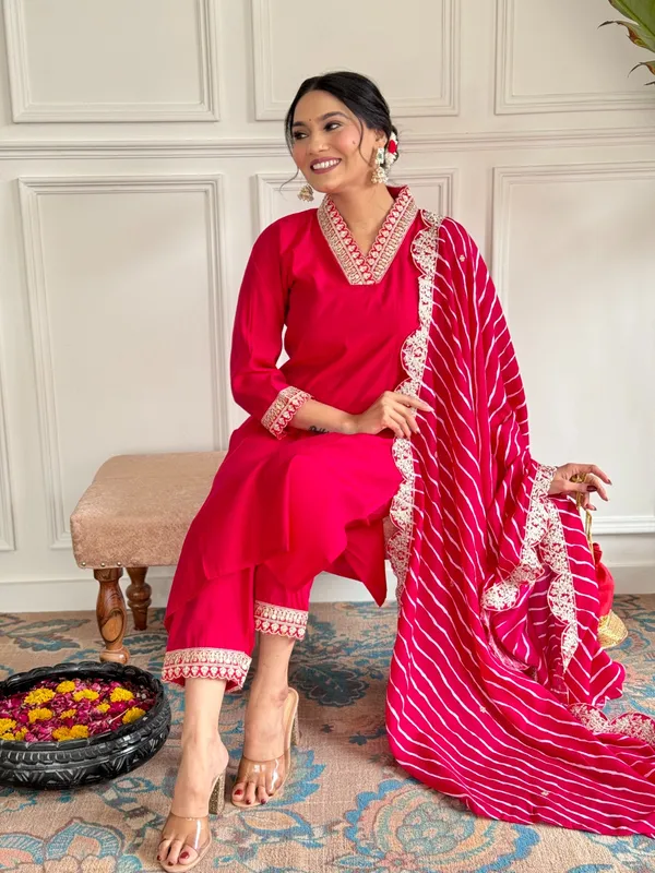 Red_Chanderi_Viscose_Embroidered_A-Line_Kurta_With_Dupatta_And_Pant_Set_For_Women