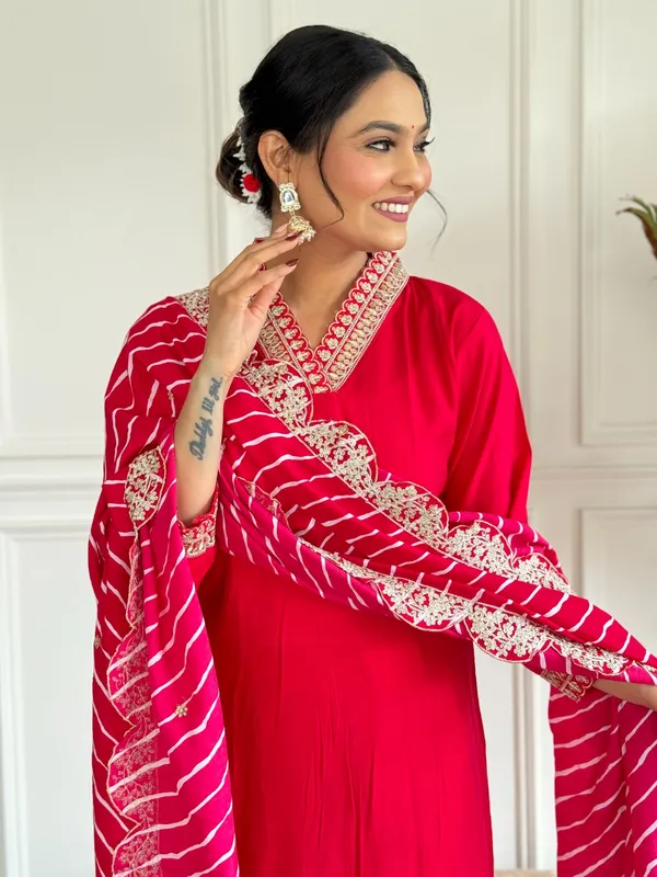 Red_Chanderi_Viscose_Embroidered_A-Line_Kurta_With_Dupatta_And_Pant_Set_For_Women
