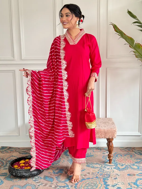 Red_Chanderi_Viscose_Embroidered_A-Line_Kurta_With_Dupatta_And_Pant_Set_For_Women