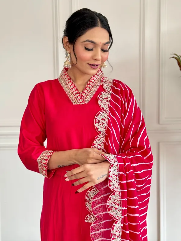 Red_Chanderi_Viscose_Embroidered_A-Line_Kurta_With_Dupatta_And_Pant_Set_For_Women