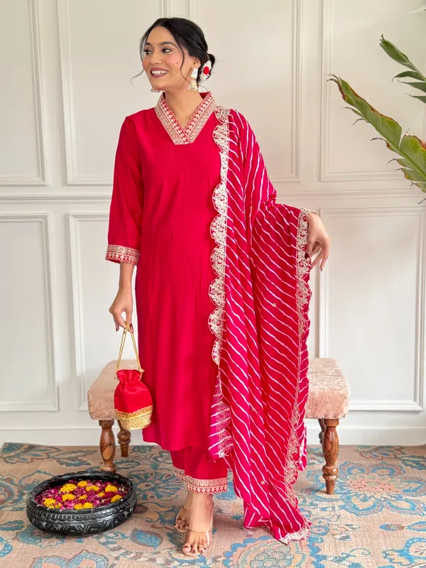 Red_Chanderi_Viscose_Embroidered_A-Line_Kurta_With_Dupatta_And_Pant_Set_For_Women