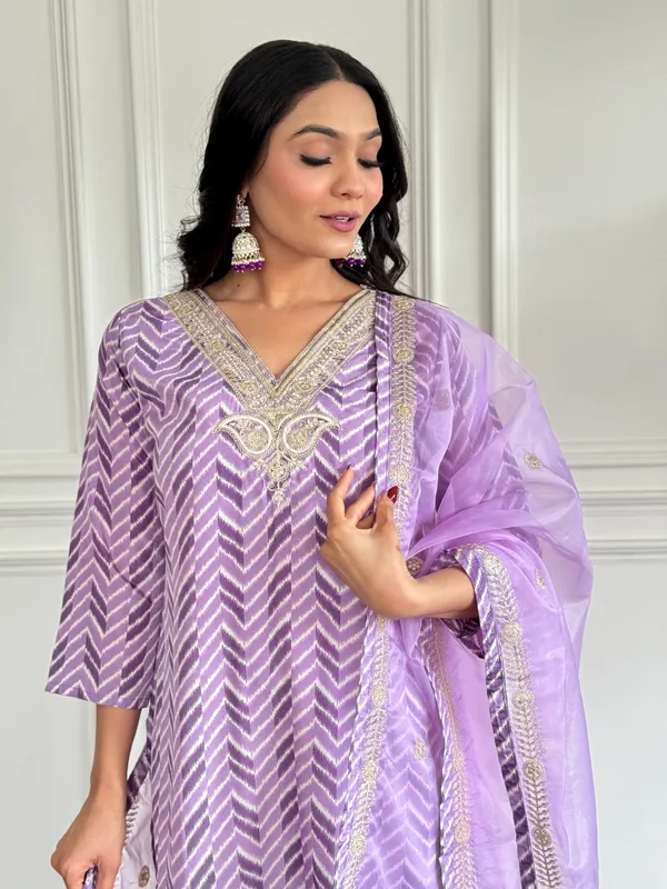 Lavender_Crepe_Embroidered_A-Line_Kurta_With_Dupatta_And_Pant_Set_For_Women