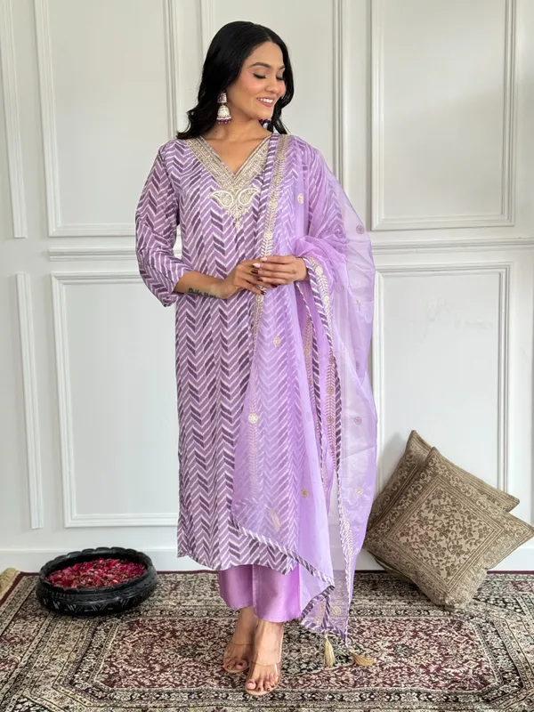 Lavender_Crepe_Embroidered_A-Line_Kurta_With_Dupatta_And_Pant_Set_For_Women