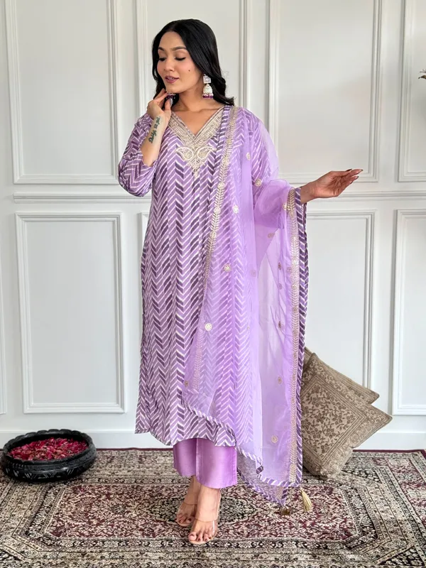Lavender_Crepe_Embroidered_A-Line_Kurta_With_Dupatta_And_Pant_Set_For_Women