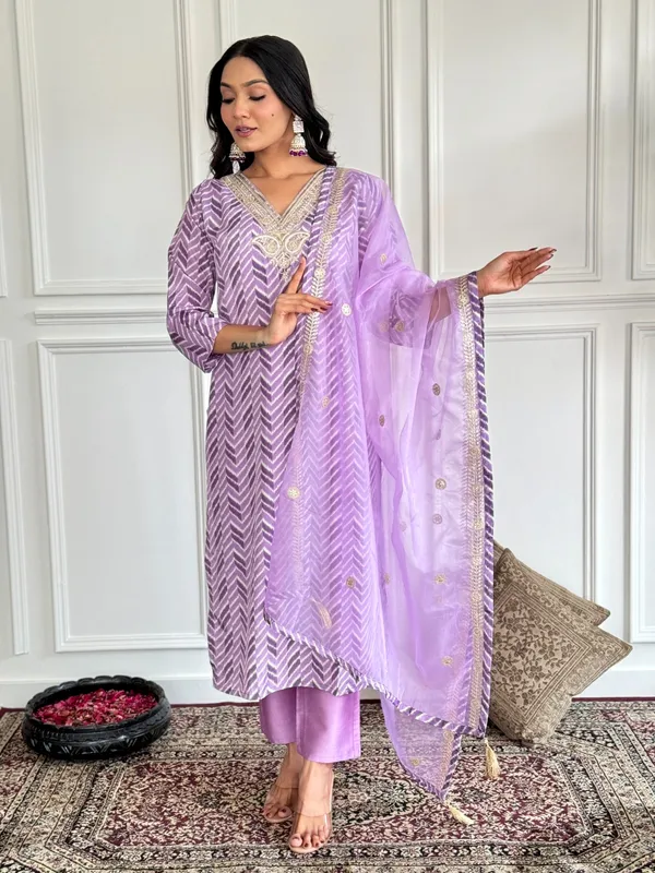 Lavender_Crepe_Embroidered_A-Line_Kurta_With_Dupatta_And_Pant_Set_For_Women