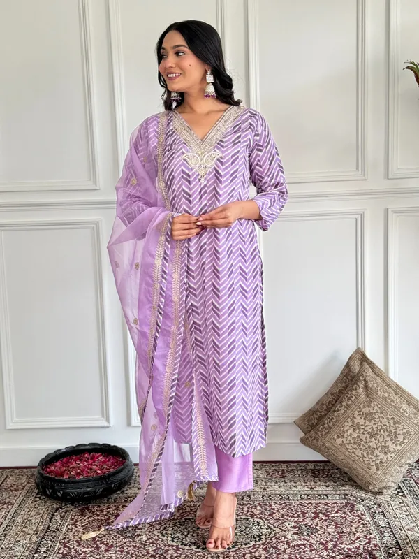 Lavender_Crepe_Embroidered_A-Line_Kurta_With_Dupatta_And_Pant_Set_For_Women
