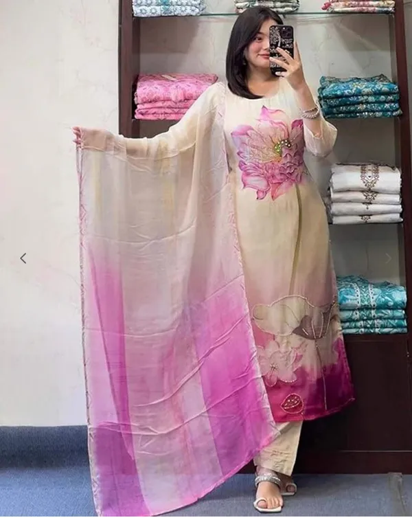 Cream_Tabby_Silk_Embroidered_A-Line_Kurta_With_Dupatta_And_Pant_Set_For_Women