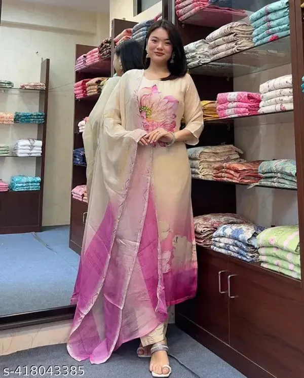Cream_Tabby_Silk_Embroidered_A-Line_Kurta_With_Dupatta_And_Pant_Set_For_Women