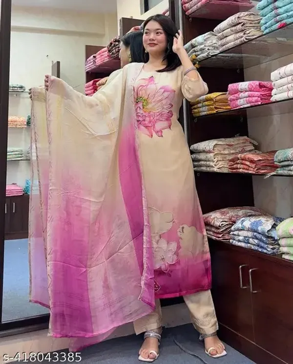 Cream_Tabby_Silk_Embroidered_A-Line_Kurta_With_Dupatta_And_Pant_Set_For_Women