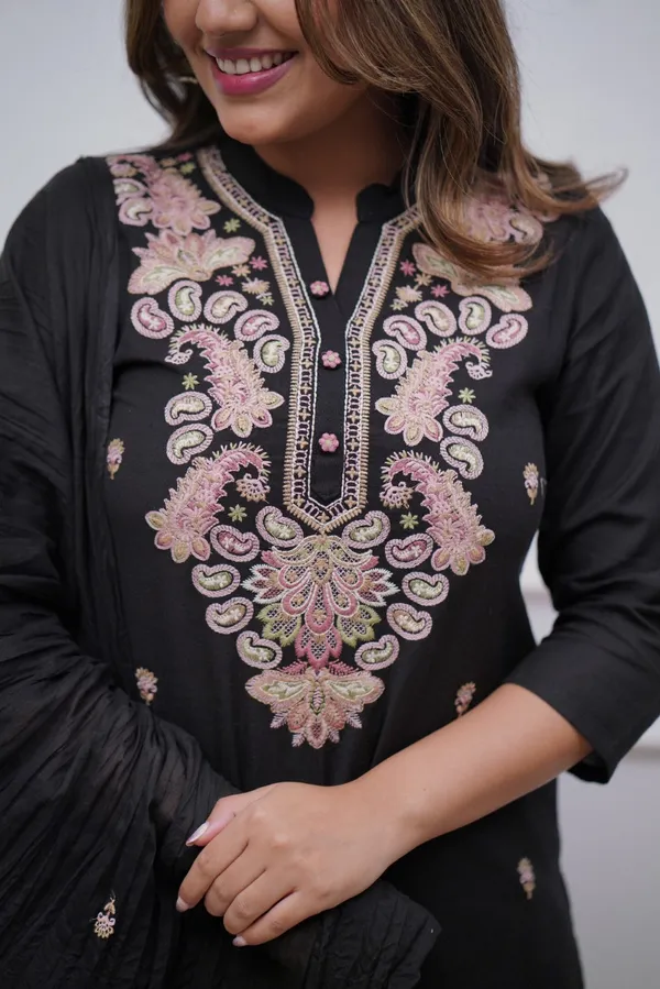 Black_Chanderi_Viscose_Embroidered_A-Line_Kurta_With_Dupatta_And_Pant_Set_For_Women