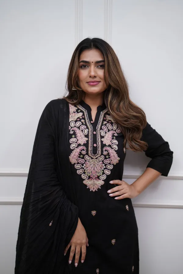 Black_Chanderi_Viscose_Embroidered_A-Line_Kurta_With_Dupatta_And_Pant_Set_For_Women