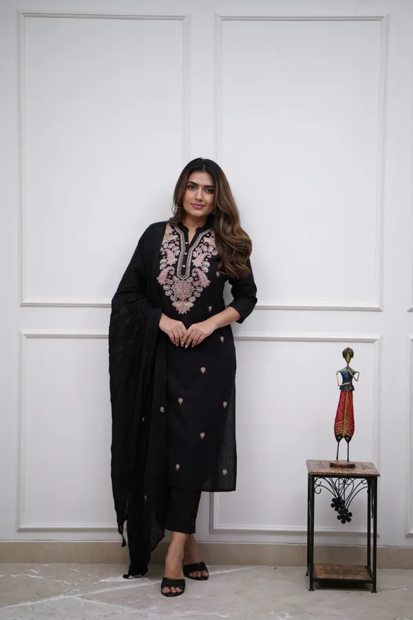 Black_Chanderi_Viscose_Embroidered_A-Line_Kurta_With_Dupatta_And_Pant_Set_For_Women