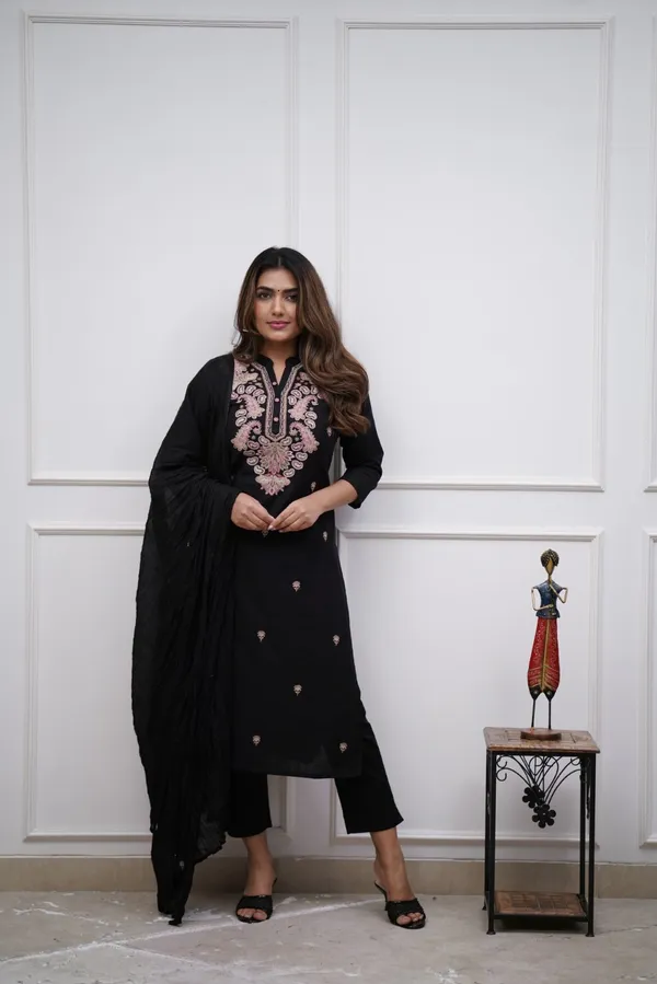 Black_Chanderi_Viscose_Embroidered_A-Line_Kurta_With_Dupatta_And_Pant_Set_For_Women